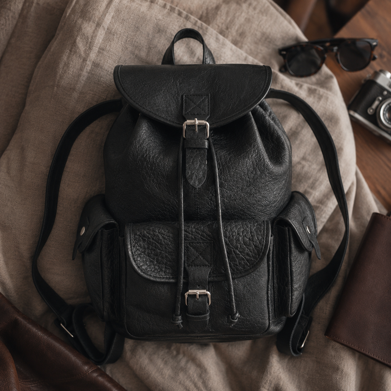 Genuine Leather Utility Backpack – Vintage Travel Bag with Buckle Pockets