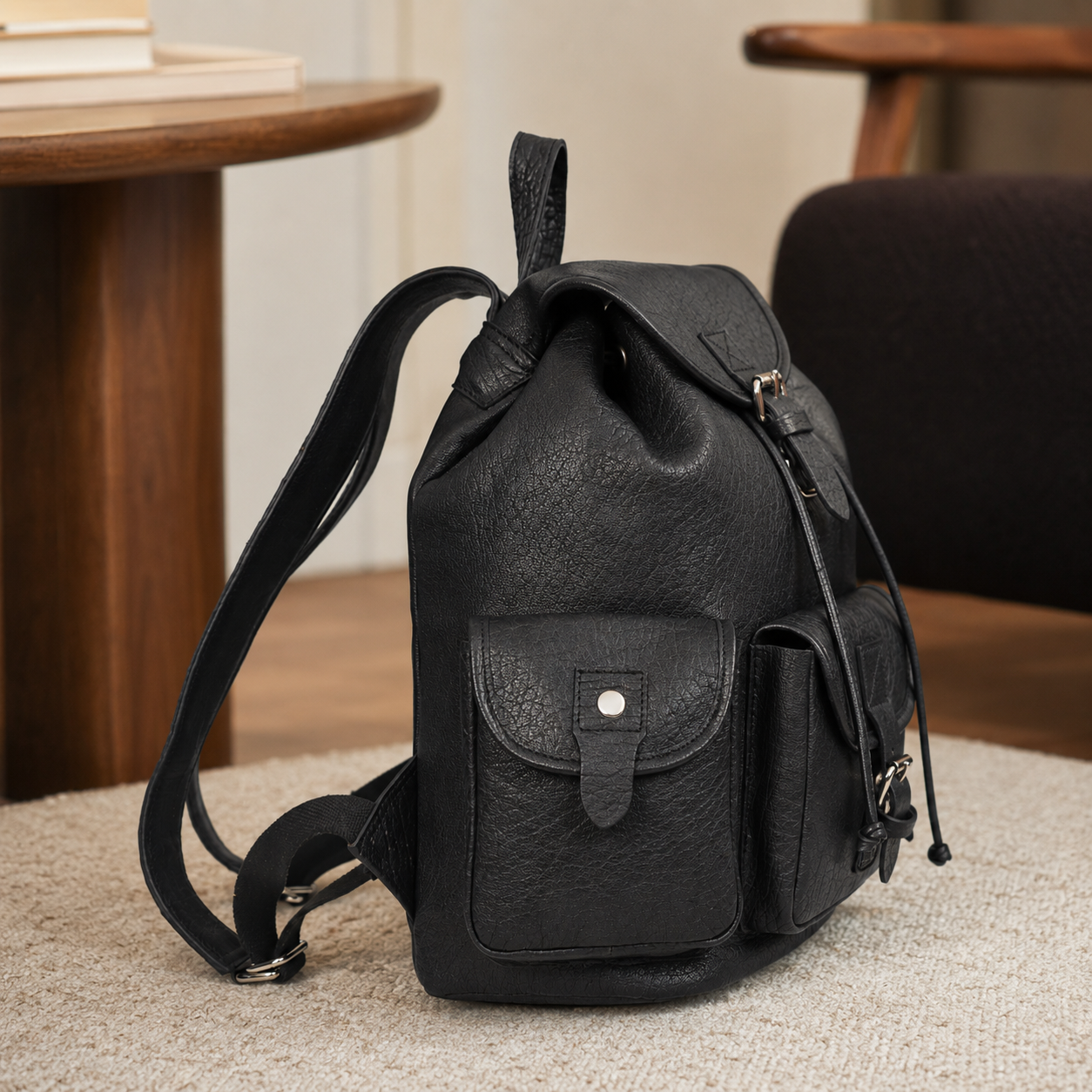 Genuine Leather Utility Backpack – Vintage Travel Bag with Buckle Pockets