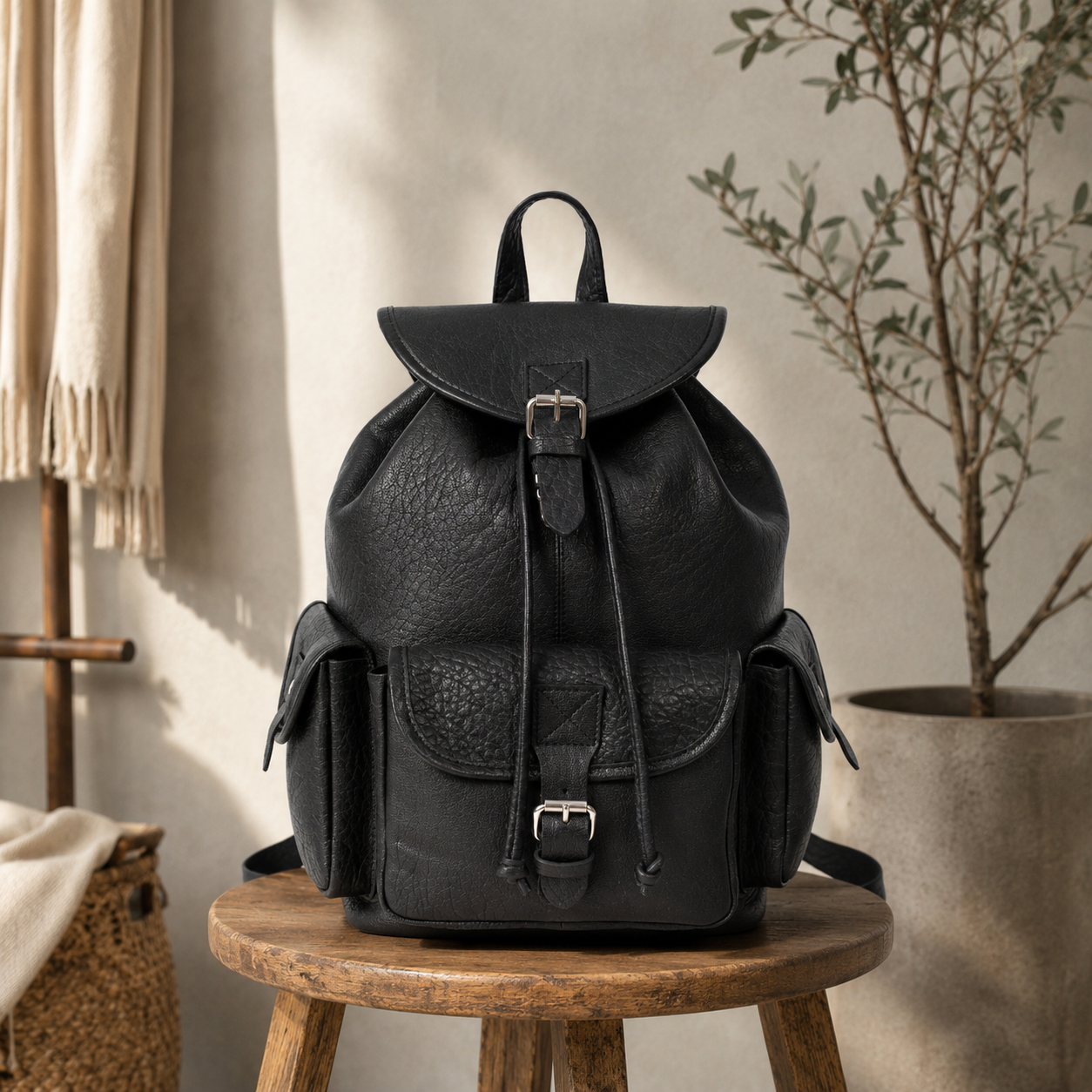 Genuine Leather Utility Backpack – Vintage Travel Bag with Buckle Pockets