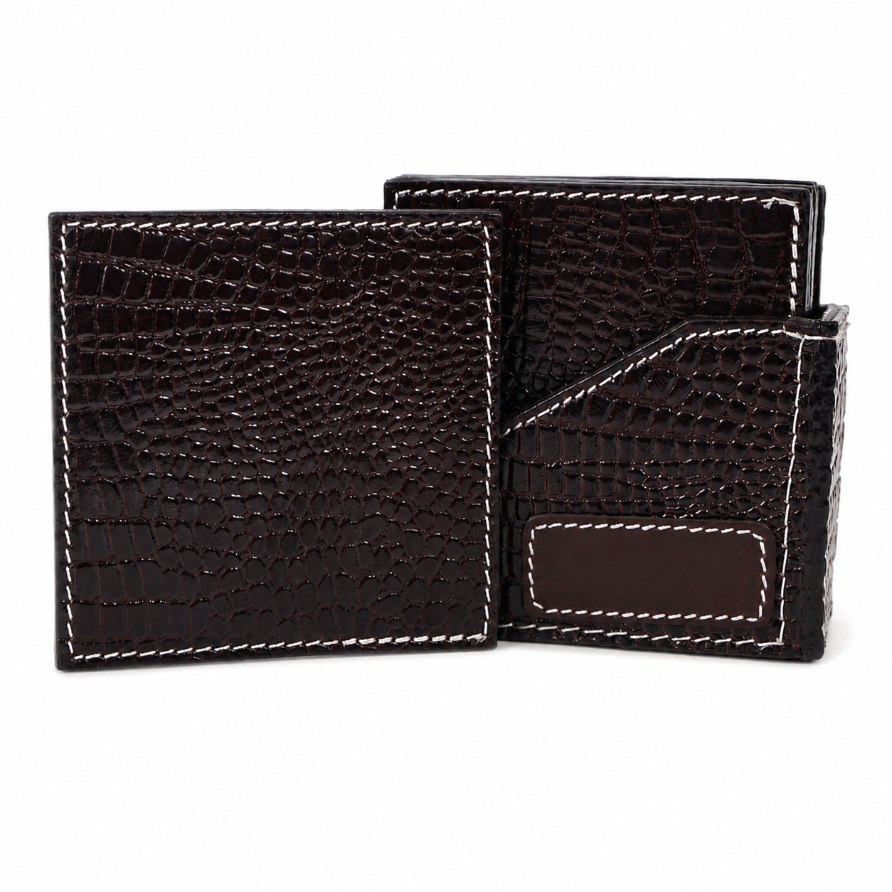 Croc-Textured Leather Coaster Set with Holder – Premium Table Decor