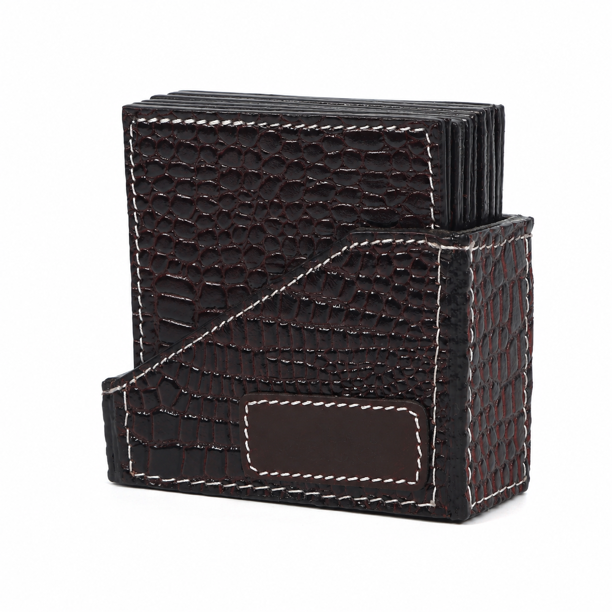Croc-Textured Leather Coaster Set with Holder – Premium Table Decor