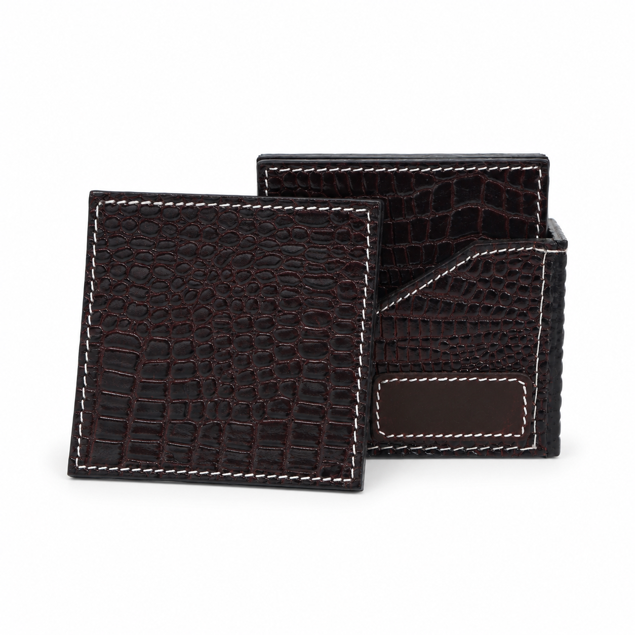 Croc-Textured Leather Coaster Set with Holder – Premium Table Decor