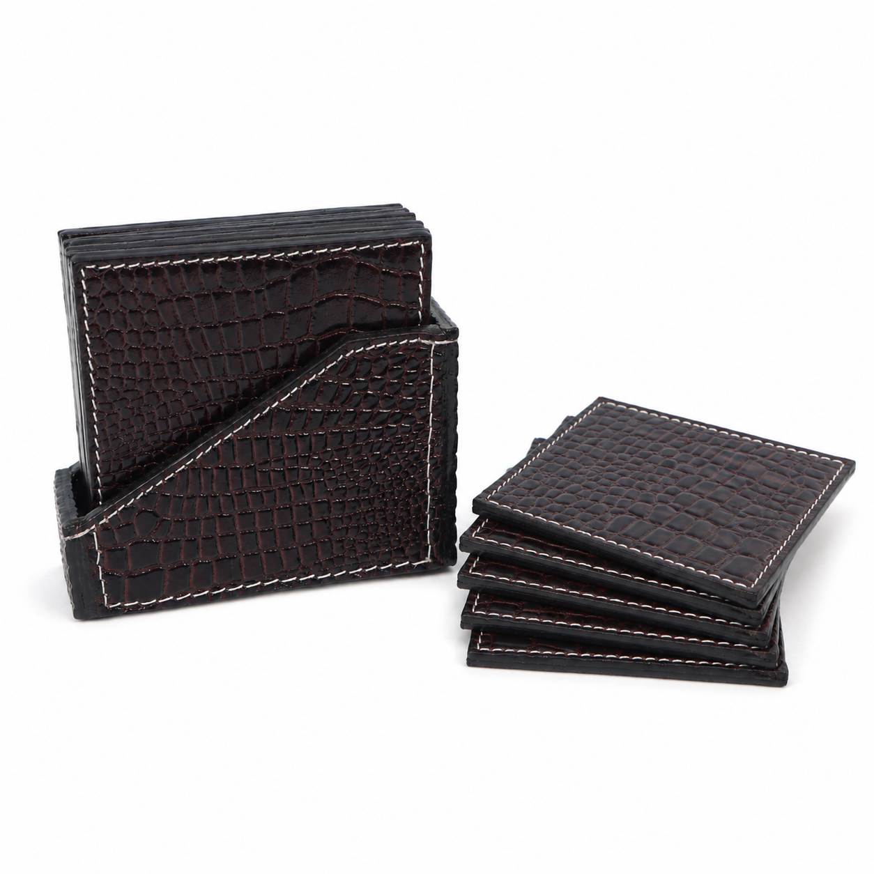 Croc-Textured Leather Coaster Set with Holder – Premium Table Decor
