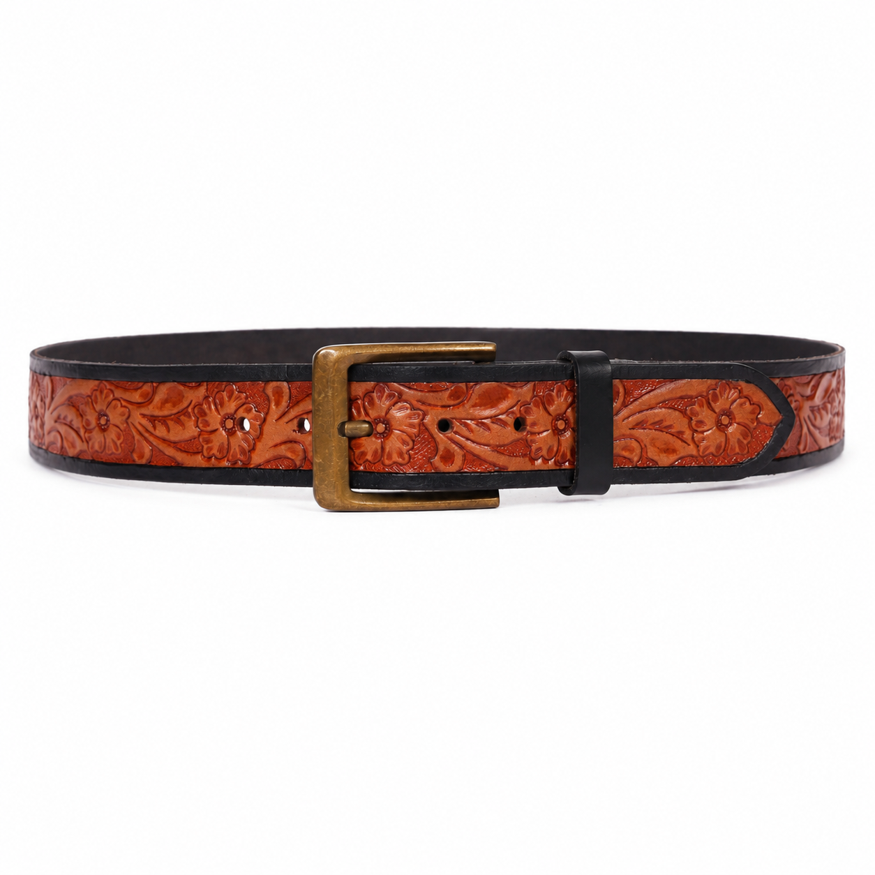 Embossed Floral Leather Belt – Western Brown Waist Belt