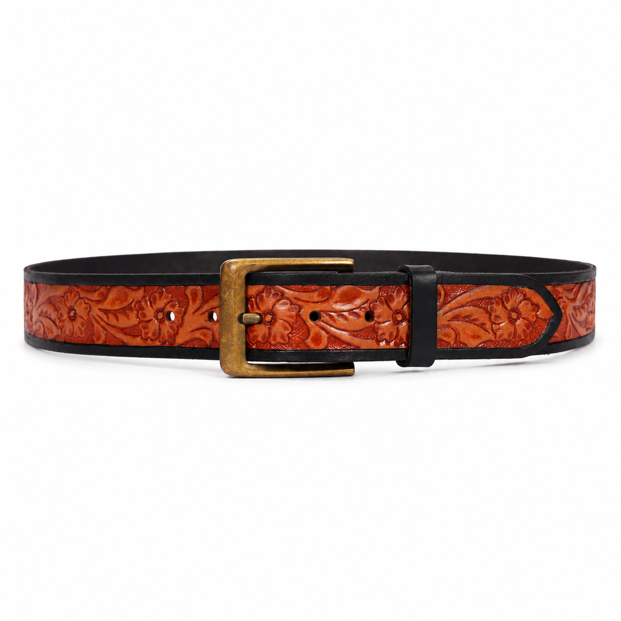 Embossed Floral Leather Belt – Western Brown Waist Belt
