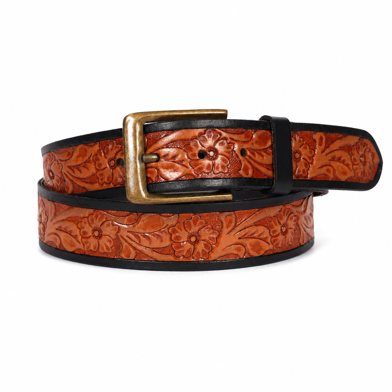Embossed Floral Leather Belt – Western Brown Waist Belt