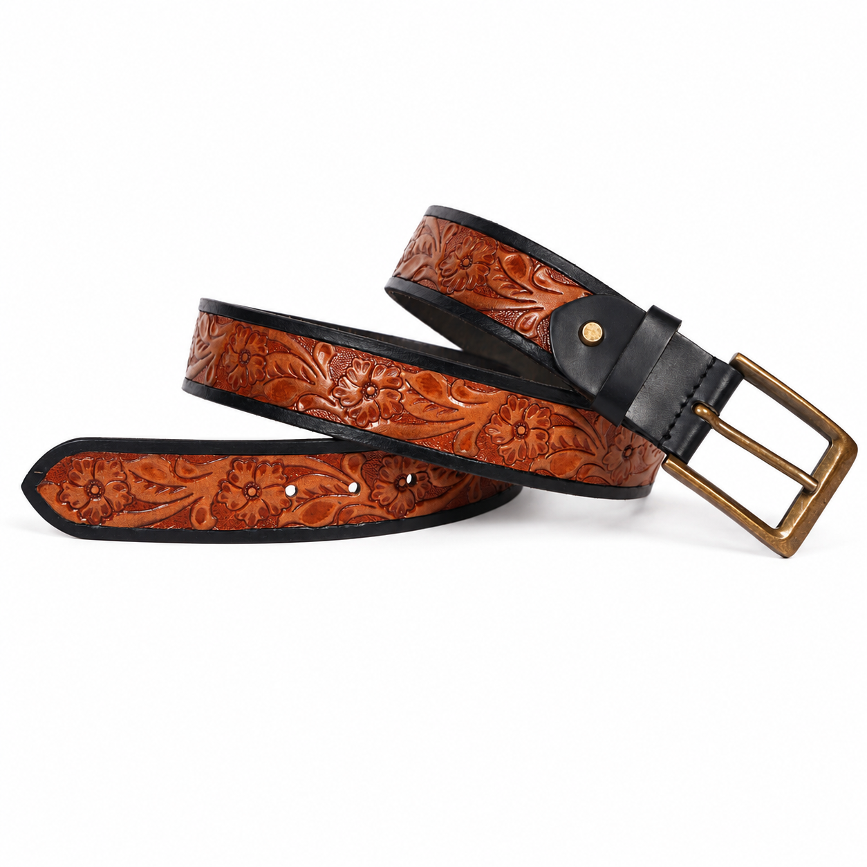 Embossed Floral Leather Belt – Western Brown Waist Belt
