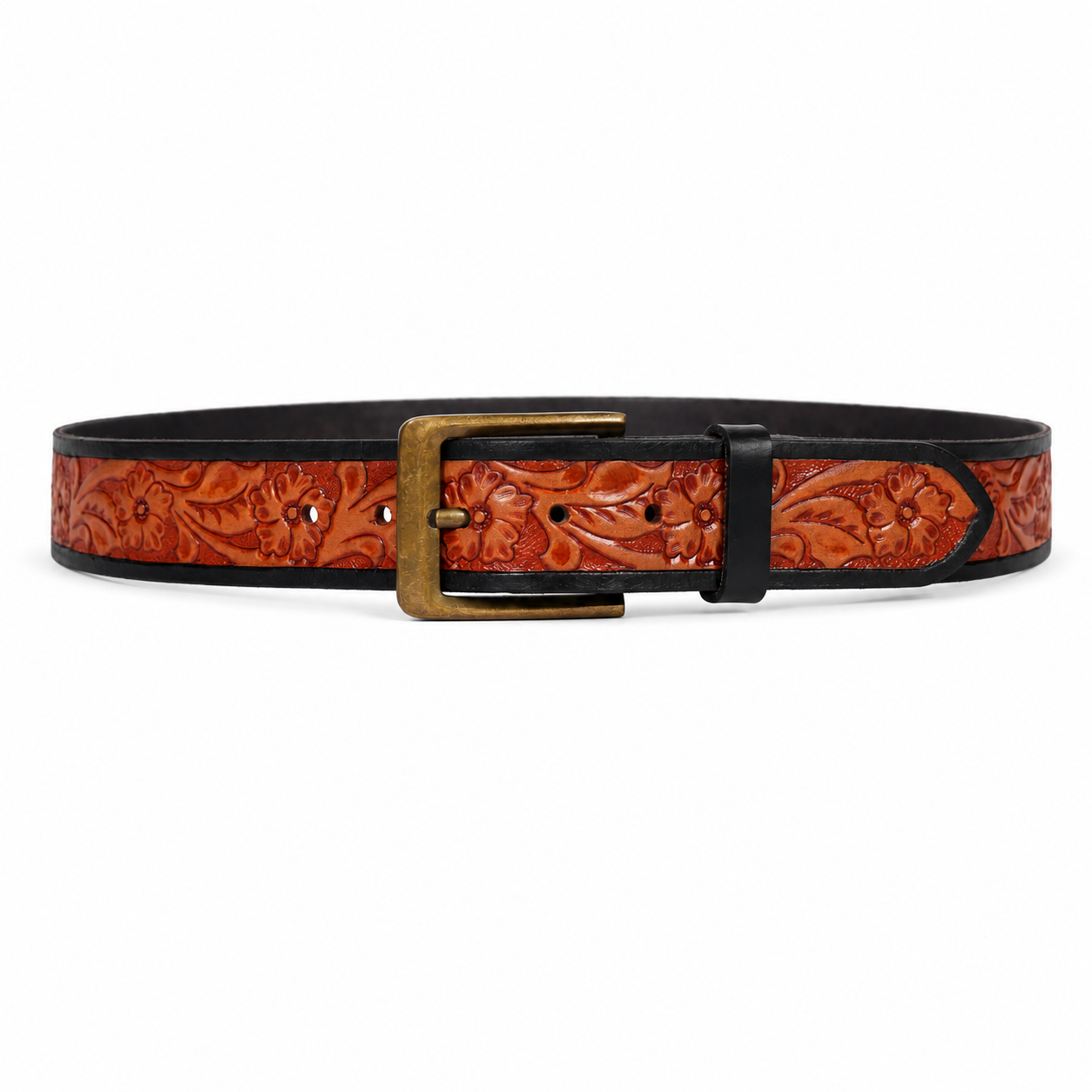 Embossed Floral Leather Belt – Western Brown Waist Belt