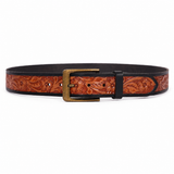 Embossed Floral Leather Belt – Western Brown Waist Belt