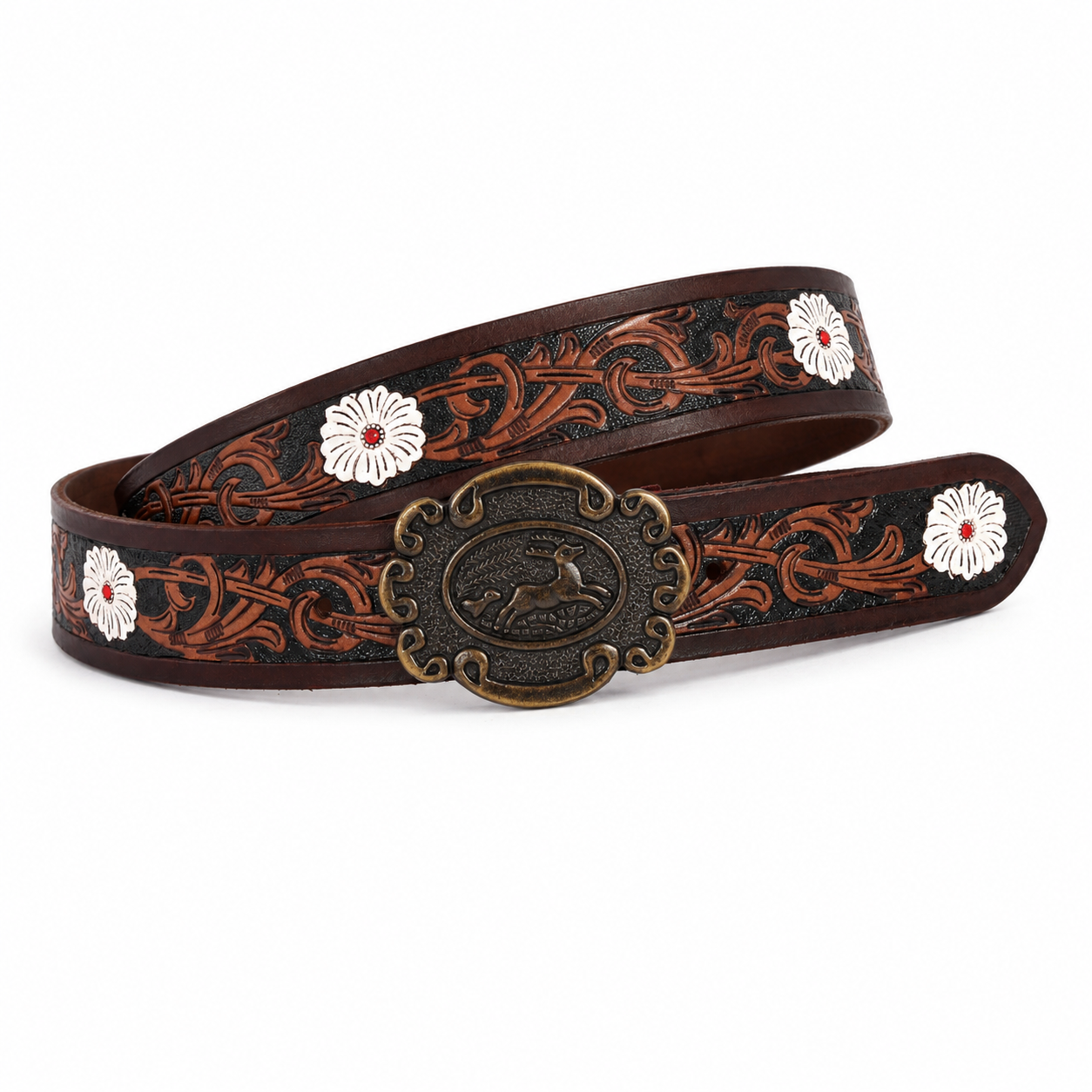 Western Embossed Leather Belt – Floral Brown Waist Belt with Antique Buckle