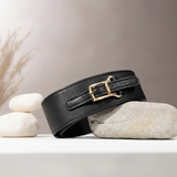 Black Genuine Leather Waist Belt – Adjustable Belt with Gold Buckle