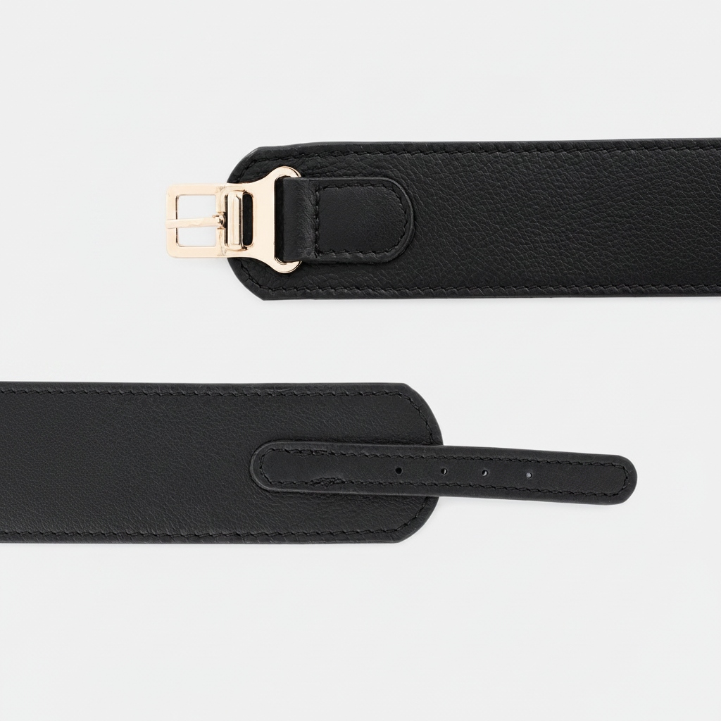 Black Genuine Leather Waist Belt – Adjustable Belt with Gold Buckle