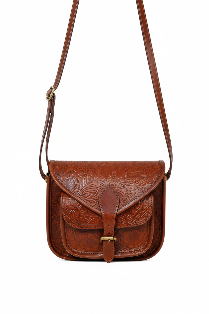 Embossed Leather Crossbody Bag – Buckle Flap Sling Bag