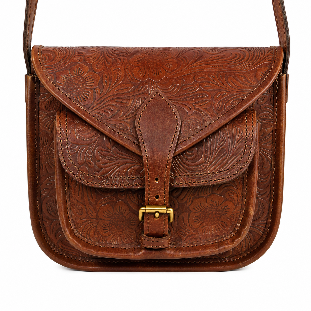 Embossed Leather Crossbody Bag – Buckle Flap Sling Bag