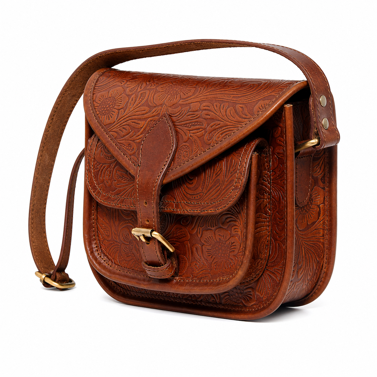 Embossed Leather Crossbody Bag – Buckle Flap Sling Bag