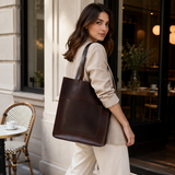 Genuine Leather Tote Bag – Minimal Shoulder Shopper Bag with Front Pocket