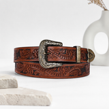Embossed Leather Belt – Western Waist Belt with Ornate Buckle