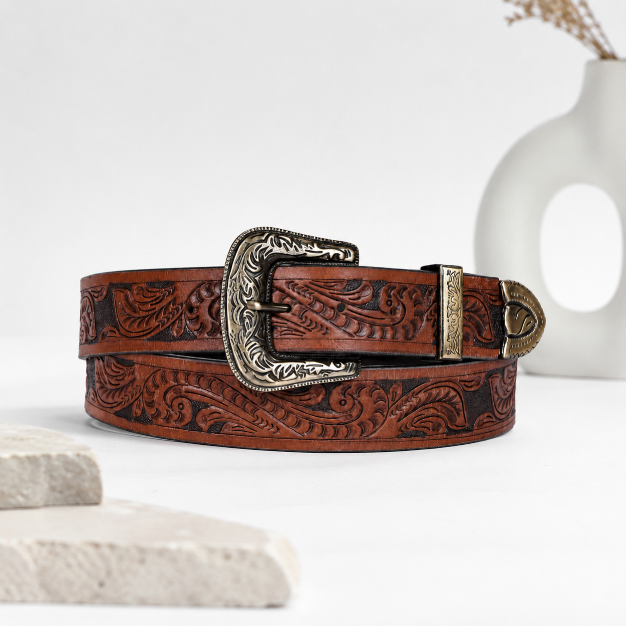 Embossed Leather Belt – Western Waist Belt with Ornate Buckle
