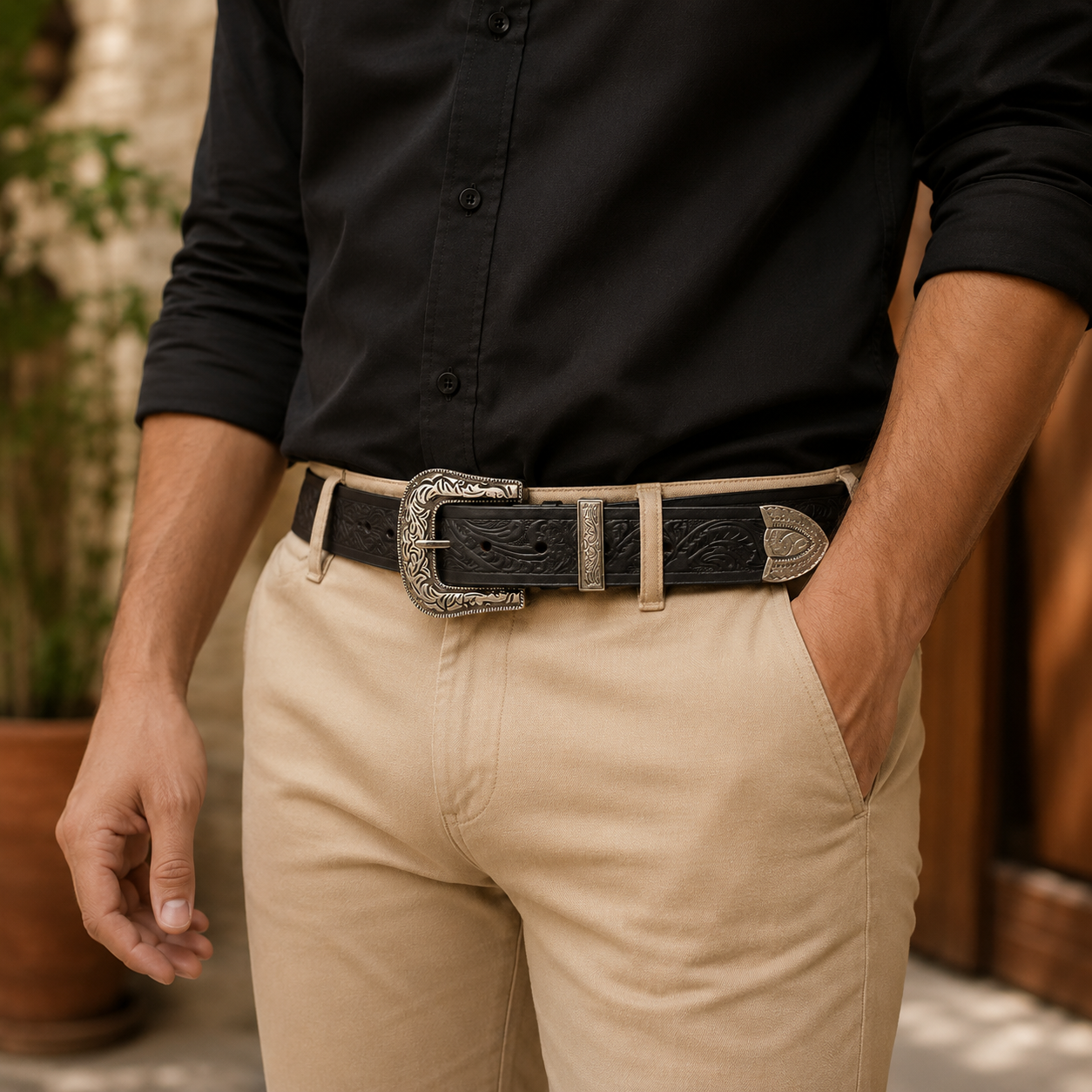Embossed Leather Belt – Western Waist Belt with Ornate Buckle