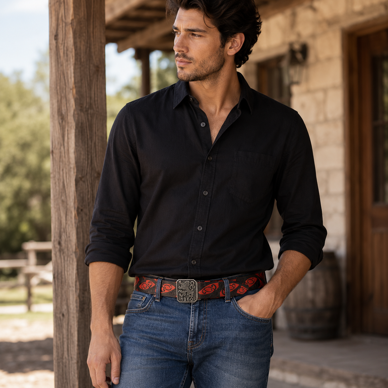 Red Black Tribal Leather Belt – Antique Emblem Buckle Waist Belt