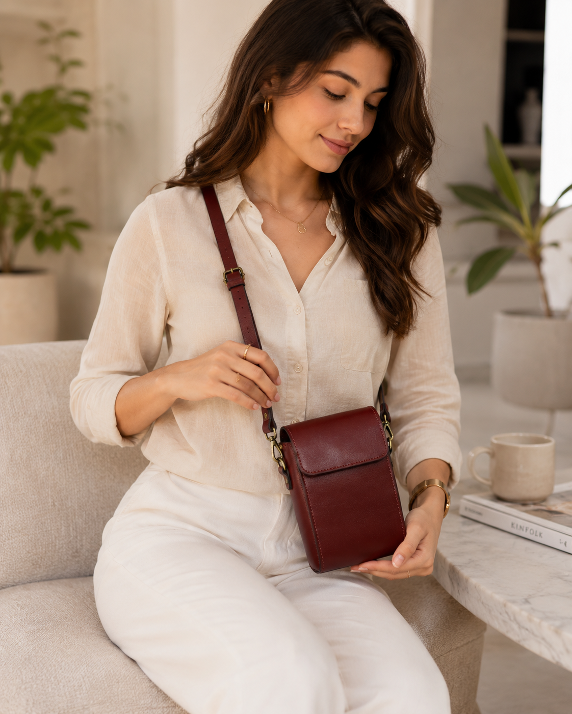 Genuine Leather Phone Crossbody Bag – Compact Burgundy Sling Pouch