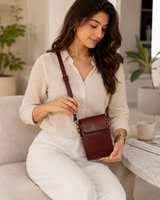 Genuine Leather Phone Crossbody Bag – Compact Burgundy Sling Pouch