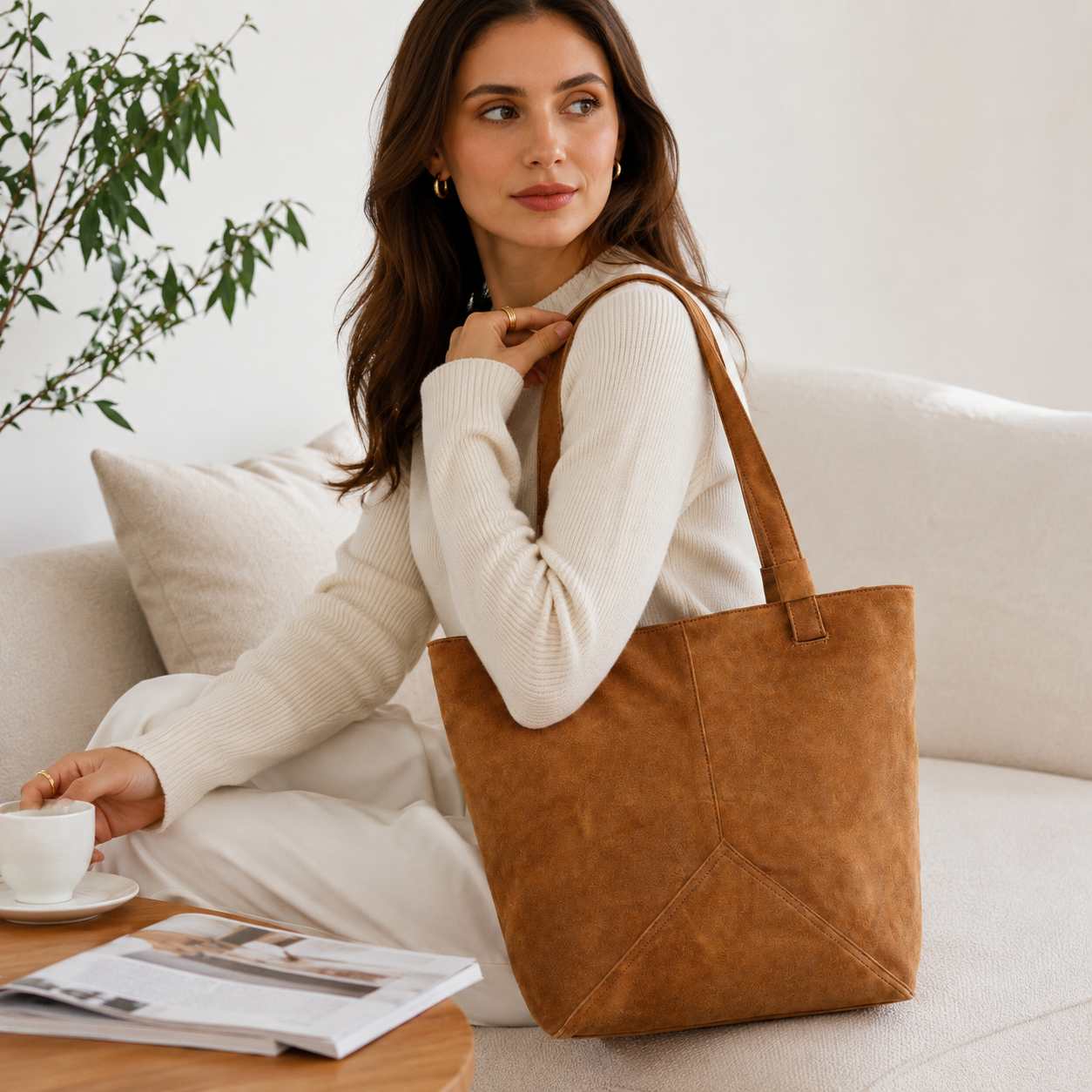Suede Leather Tote Bag – Spacious Shoulder Bag for Work & Travel