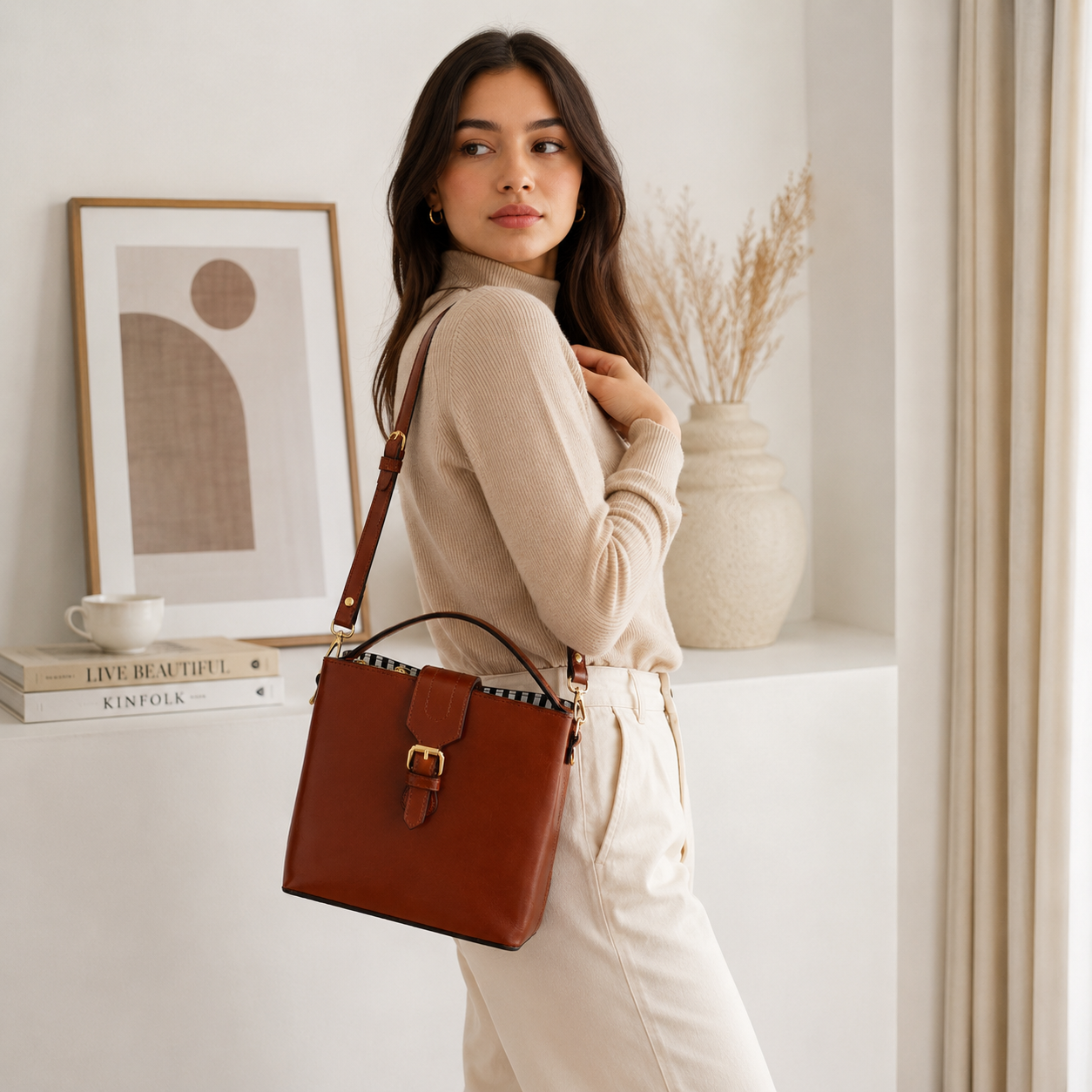 Leather Top Handle Sling Bag – Elegant Shoulder Bag with Gold Hardware