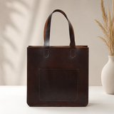 Genuine Leather Tote Bag – Minimal Shoulder Shopper Bag with Front Pocket