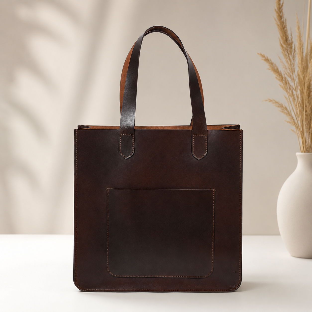 Genuine Leather Tote Bag – Minimal Shoulder Shopper Bag with Front Pocket