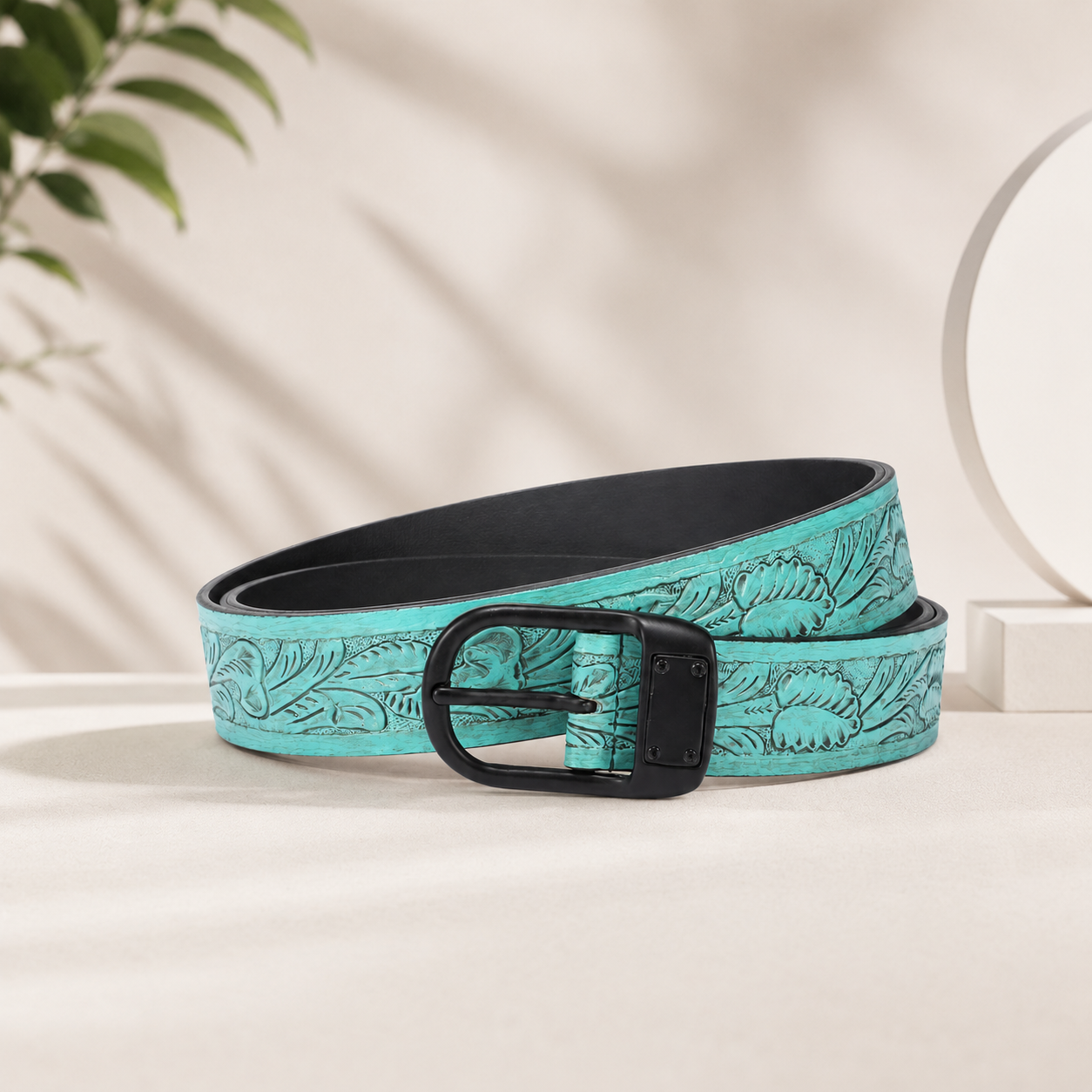 Turquoise Embossed Leather Belt – Western Floral Waist Belt with Black Buckle