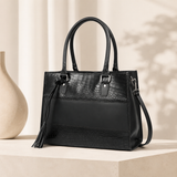 Black Croc-Textured Leather Tote Bag – Shoulder Handbag with Zip Closure