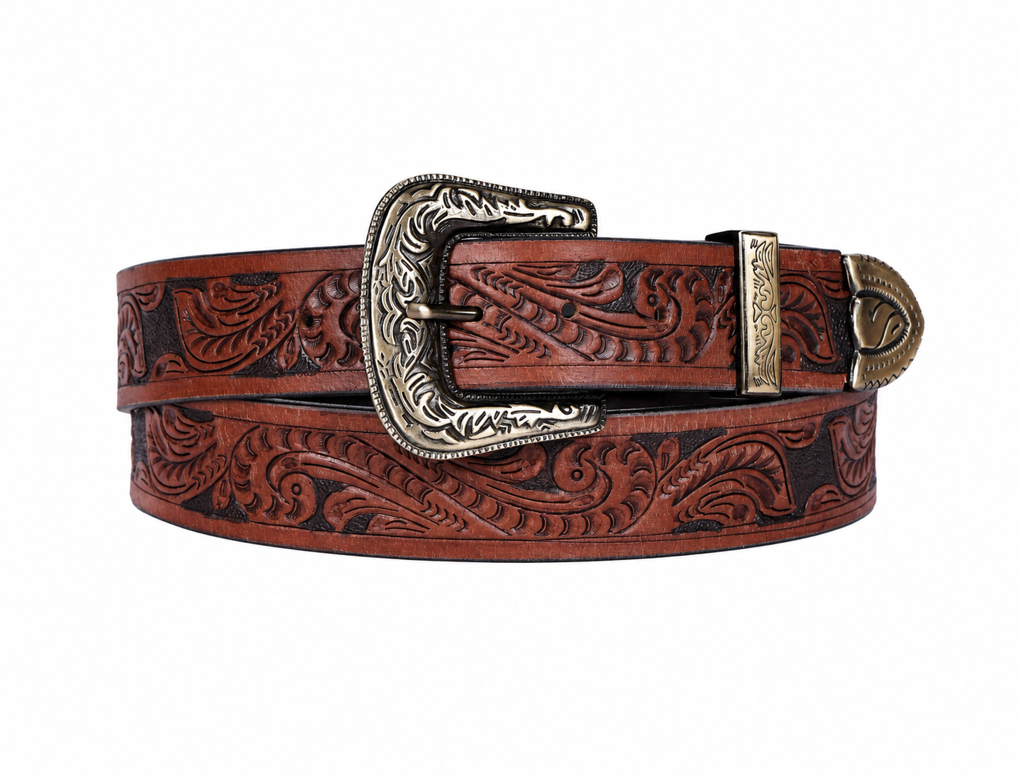 Embossed Leather Belt – Western Waist Belt with Ornate Buckle