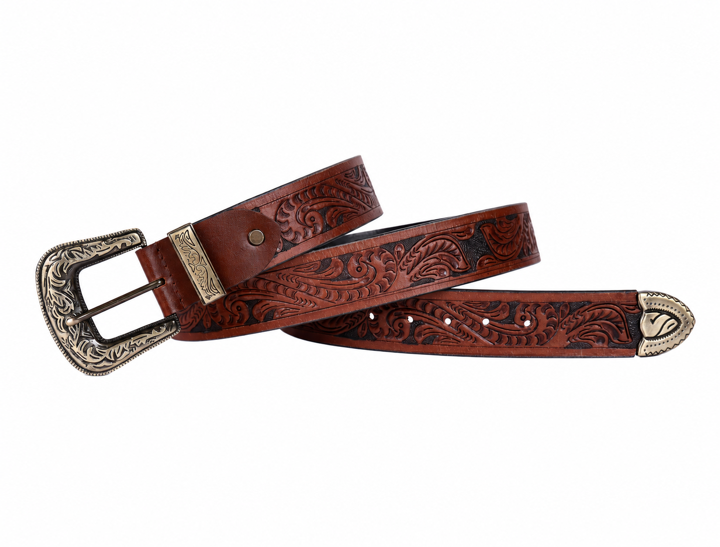 Embossed Leather Belt – Western Waist Belt with Ornate Buckle