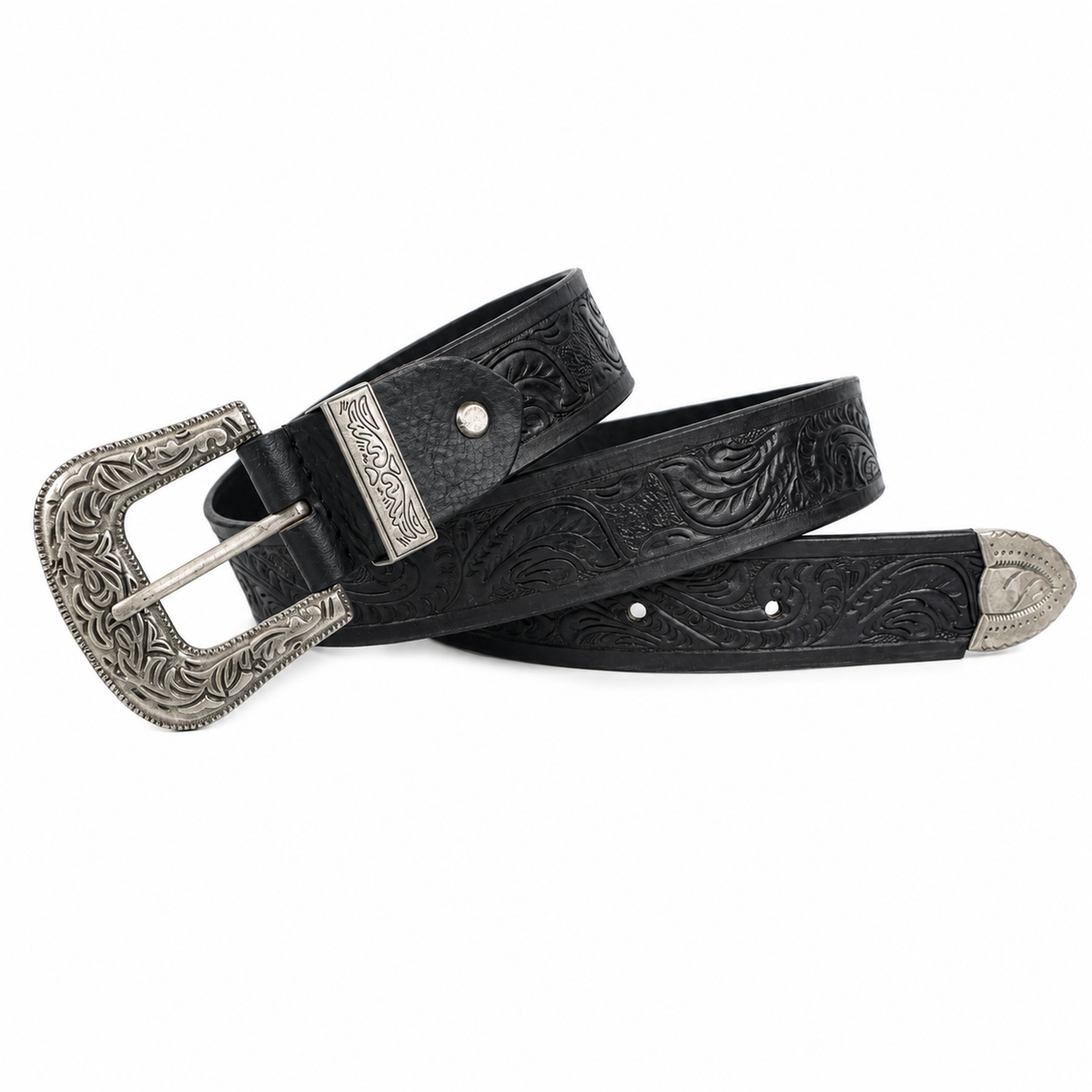 Embossed Leather Belt – Western Waist Belt with Ornate Buckle