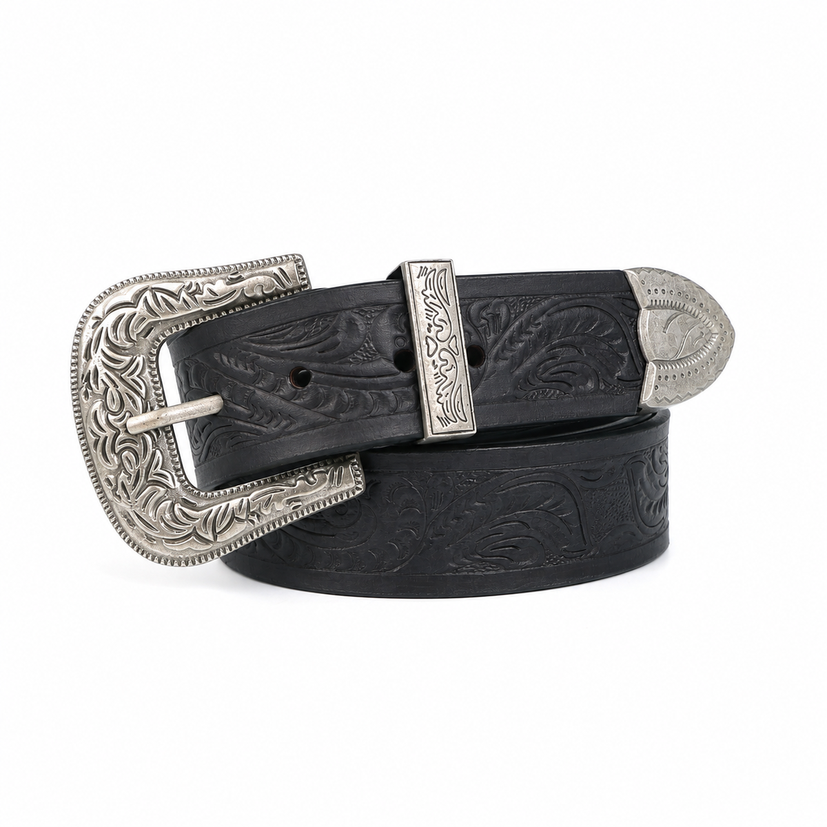Embossed Leather Belt – Western Waist Belt with Ornate Buckle