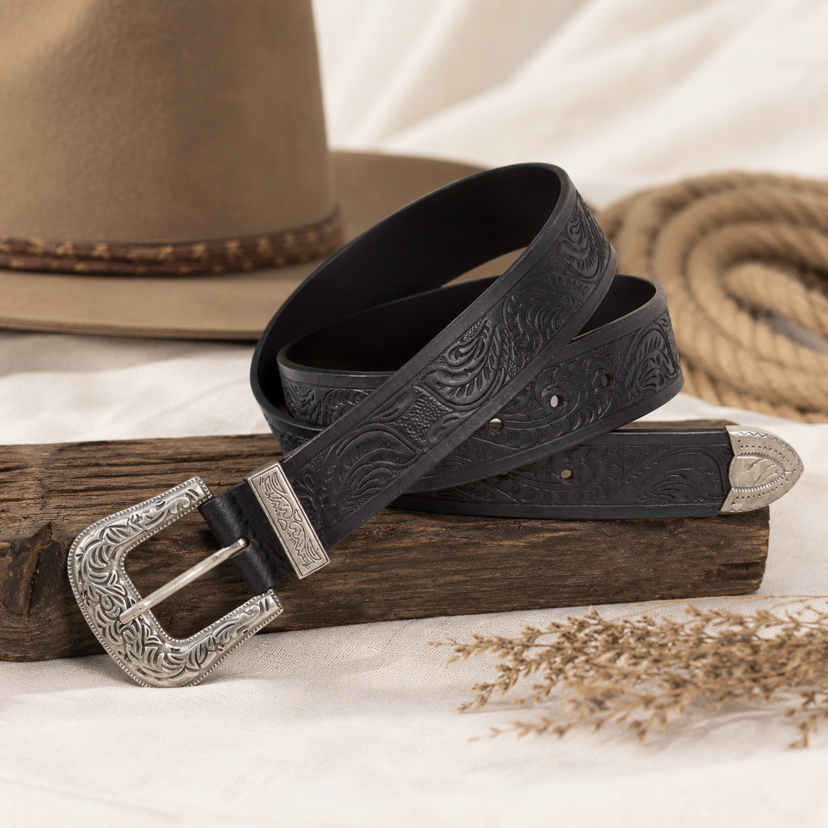 Embossed Leather Belt – Western Waist Belt with Ornate Buckle