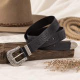 Embossed Leather Belt – Western Waist Belt with Ornate Buckle