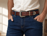 Embossed Leather Belt – Western Waist Belt with Ornate Buckle