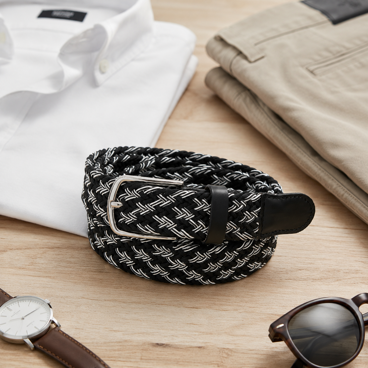 Handwoven Elastic Braided Belt – Adjustable Casual Belt with Leather Ends