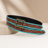 Brown Turquoise Embossed Leather Belt – Western Floral Waist Belt