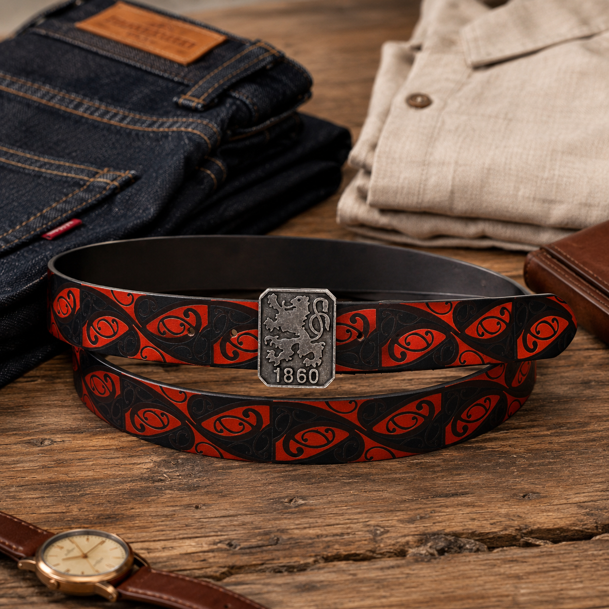 Red Black Tribal Leather Belt – Antique Emblem Buckle Waist Belt