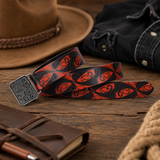 Red Black Tribal Leather Belt – Antique Emblem Buckle Waist Belt