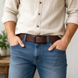 Embossed Brown Leather Belt – Western Waist Belt with Matte Black Buckle