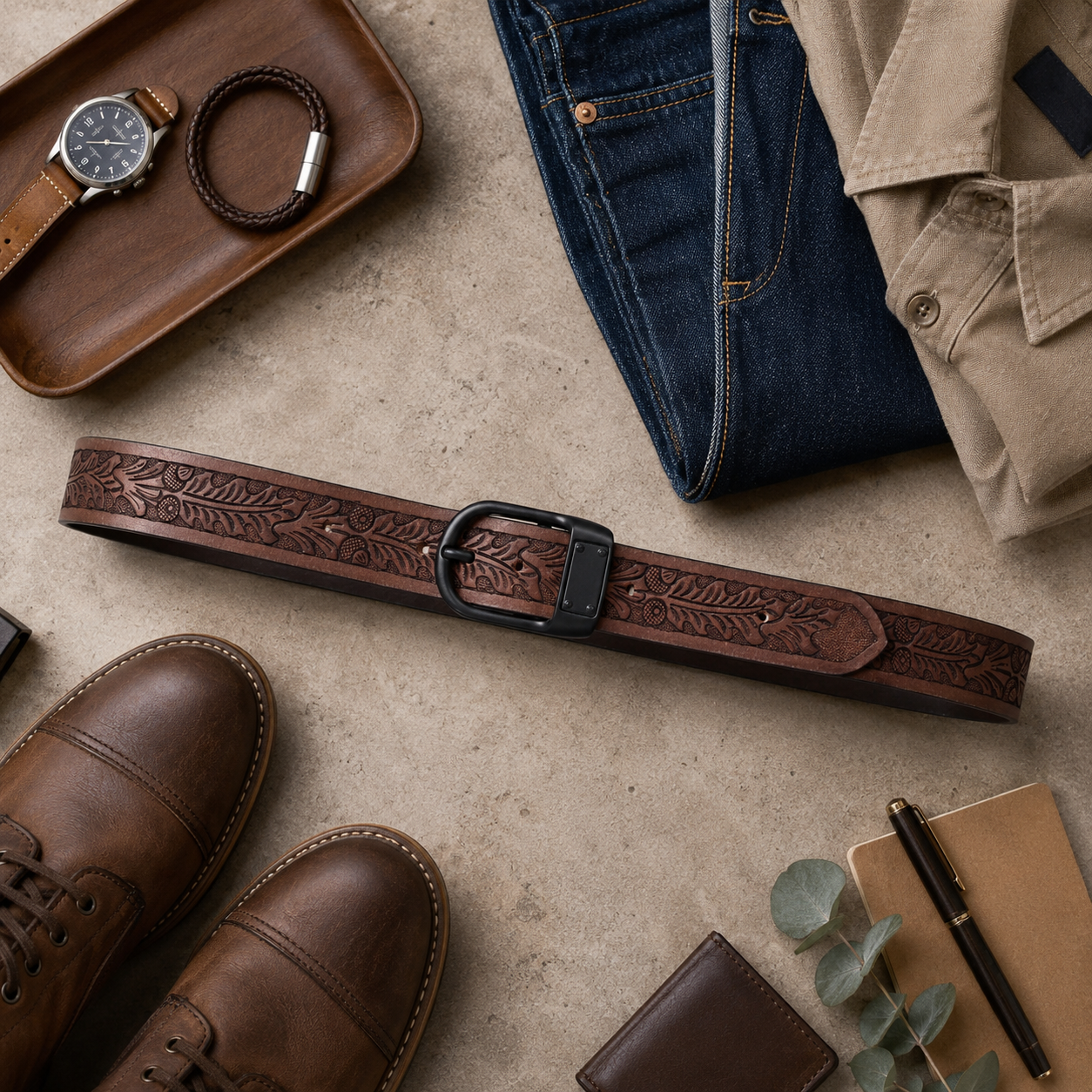 Embossed Brown Leather Belt – Western Waist Belt with Matte Black Buckle