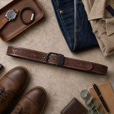 Embossed Brown Leather Belt – Western Waist Belt with Matte Black Buckle