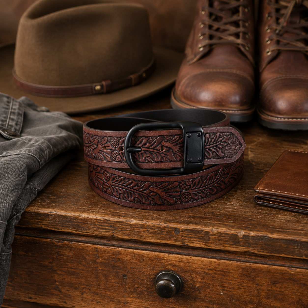 Embossed Brown Leather Belt – Western Waist Belt with Matte Black Buckle