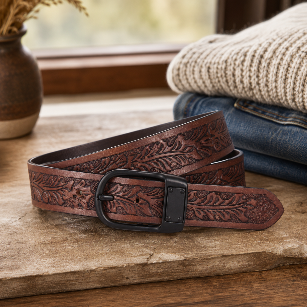Embossed Brown Leather Belt – Western Waist Belt with Matte Black Buckle