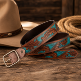 Brown Teal Embossed Leather Belt – Floral Western Waist Belt