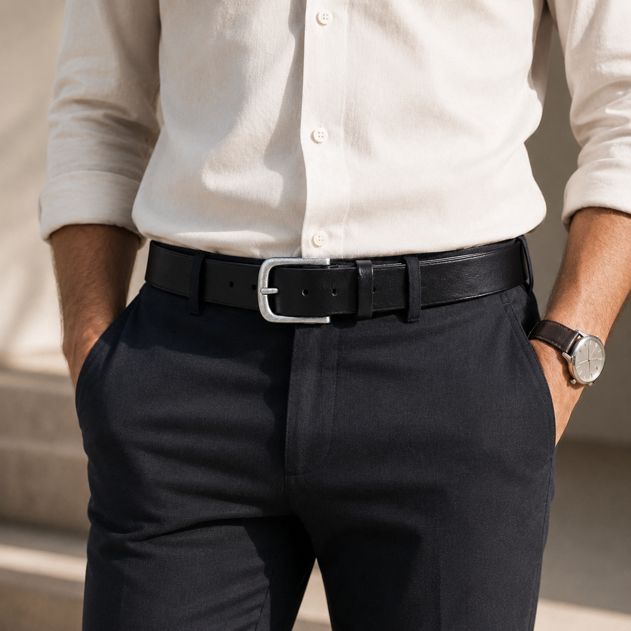 Genuine Leather Waist Belt with Durable Metal Buckle for Formal & Casual Wear